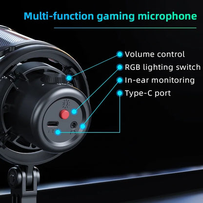 USB Microphone for PC Condenser Podcast Mic for Studio Recording with Headphone Jack, Led, Noise Cancellation Gaming Microphone