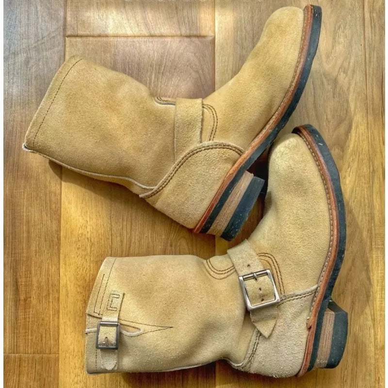 Handmade Vintage Velvet Khaki Work Boots Men's American Style Mid-Calf Retro Thick Bottom Belt Buckle Motobike Leather Boots