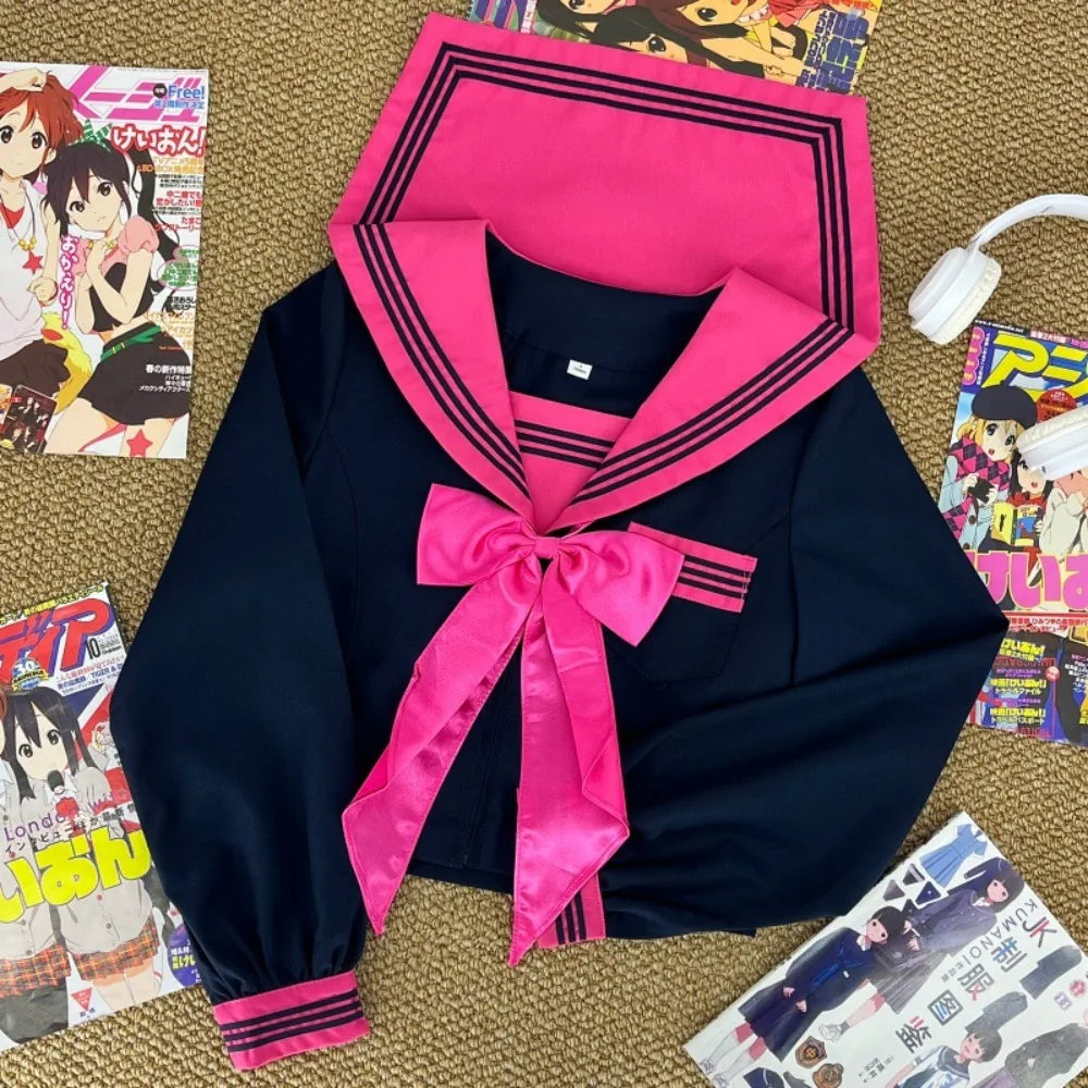 Japanese Dark College Style Rose Red Three Sailor Suit JK School Uniform,Slim Pleated Skirt Set for Campus Daily Graduation Wear