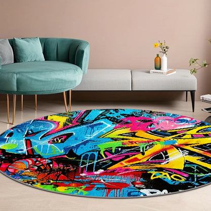 Hip Hop Street Graffiti Art Printed Round Carpet, Modern Cool Urban Style Anti-slip Rug for Entryway Lounge Bedroom Floor Decor