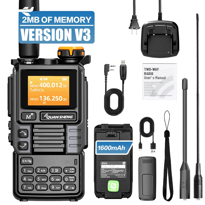QUANSHENG UV-K5(99) V3 Walkie Talkie 2MB Memory 50-600MHz Air Band RX 5W Two Way Radio Type-C Wireless Copy Custom Firmware