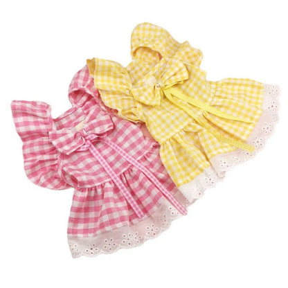 New Pet Clothing with Flying Shoulder Sleeves and Checkered Lace Dog Skirt, Cat Clothing Skirt