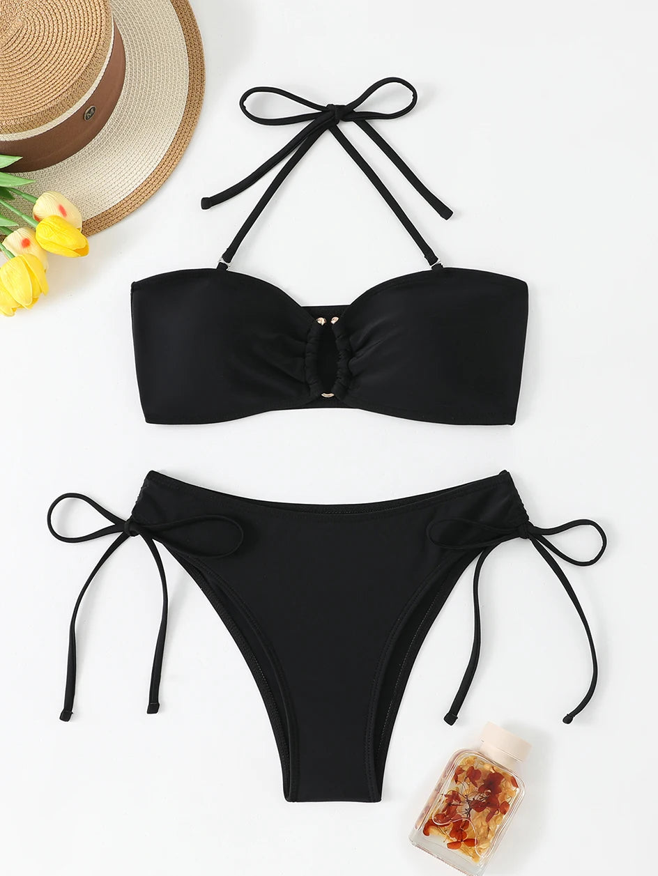 High Waist Bikini Women's Swimsuit 2026 Knotted Bathing Suits Woman Swimwear Bandeau Push Up Bikinis Sets Brazilian Beach Wear