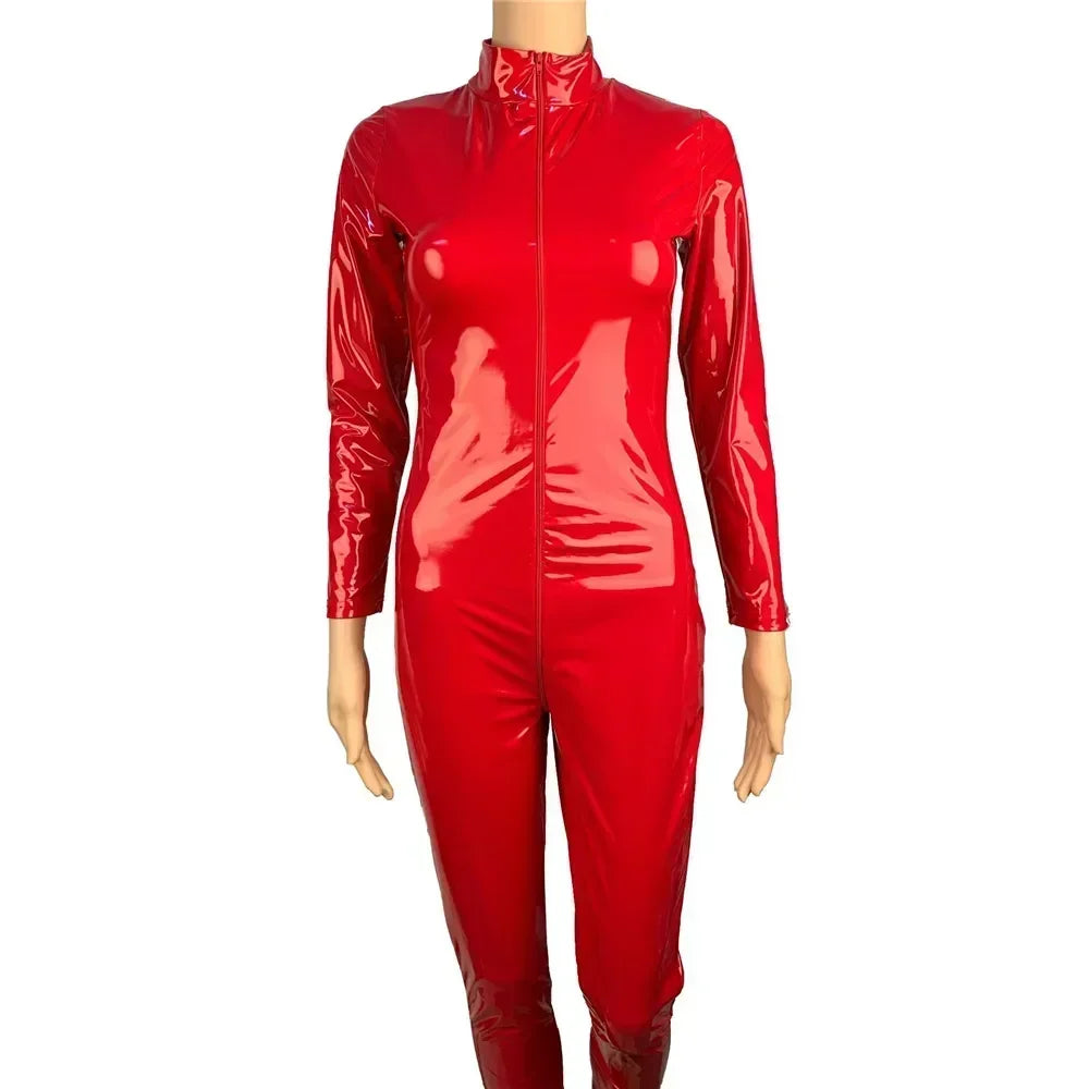 Women's Wet Look PU Leather Jumpsuit Suit Long Sleeve Zipper Open Crotch Shiny Latex Bodysuit Clubwear Plus Size