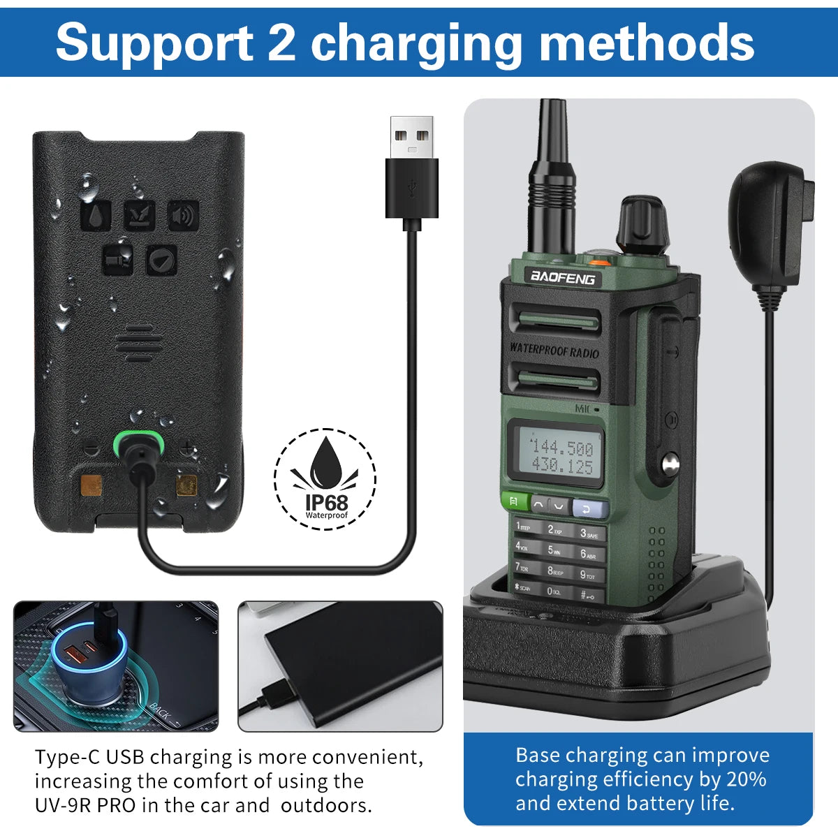 Baofeng UV-9R Pro V2 V1 Walkie Talkie IP68 Waterproof Dual Band Type-C Long Range Upgrade Tri-power Ham CB Radio Two Way Radio