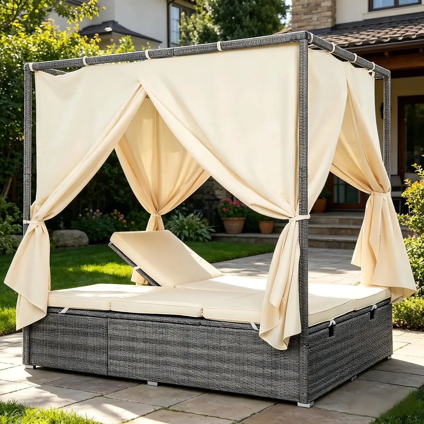 Patio Chaise Lounge, PE Rattan Outdoor Patio Wicker Sunbed Daybed with Adjustable Seats, Four-sided Canopy,, Customized