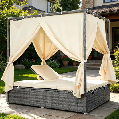 Patio Chaise Lounge, PE Rattan Outdoor Patio Wicker Sunbed Daybed with Adjustable Seats, Four-sided Canopy,, Customized
