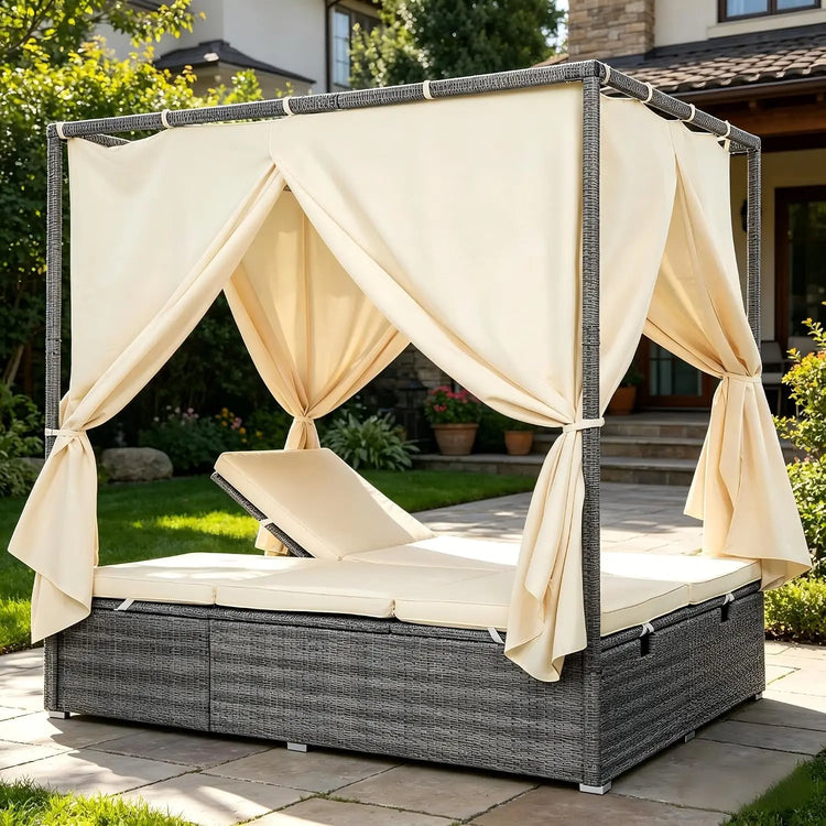 Patio Chaise Lounge, PE Rattan Outdoor Patio Wicker Sunbed Daybed with Adjustable Seats, Four-sided Canopy,, Customized