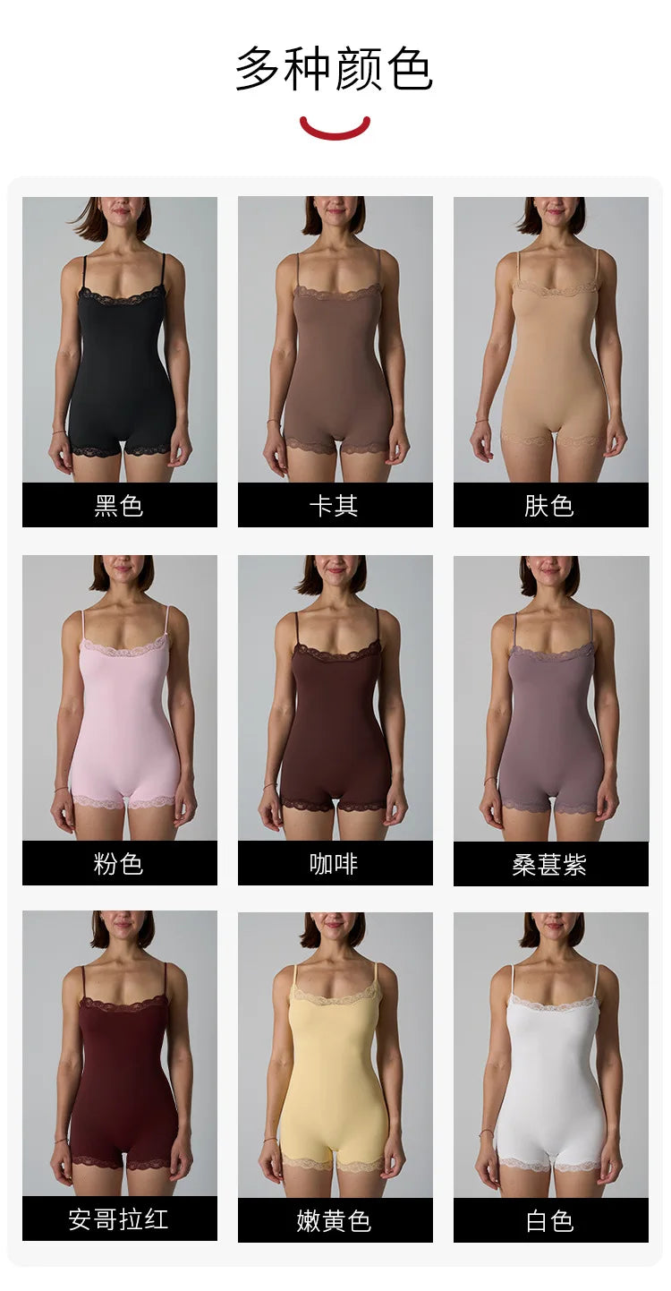 Hot Women Sexy Lace Patchwork Bodysuit Sports FitnessSkinny Shaperwear Camisole Square Neck Spaghetti Strap Slimming Bodycon