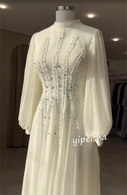 Customized Classic Chiffon Pleat Sequined A-line High Collar Long Dresses Bespoke Occasion Homecoming Sizes Available