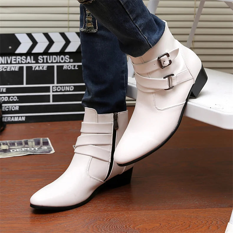 Leather Chelsea Boots Men Designer 2024 White Dress Boots Men Casual High top Buckle Strap Formal Shoes Men Motorcycle Boots