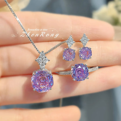 Foyejev Luxury Round Rose-cut Purple-Iron Oxide Zircon Pendant Necklace Earrings Ring Engagement Jewelry Set (Women's Style)