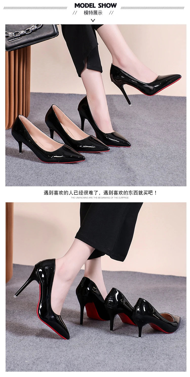 Sexy Pointed Toe Patent Leather High Heels Temperament Girl Red Sole Party Dress Stiletto Pumps Classic Black Work Single Shoes