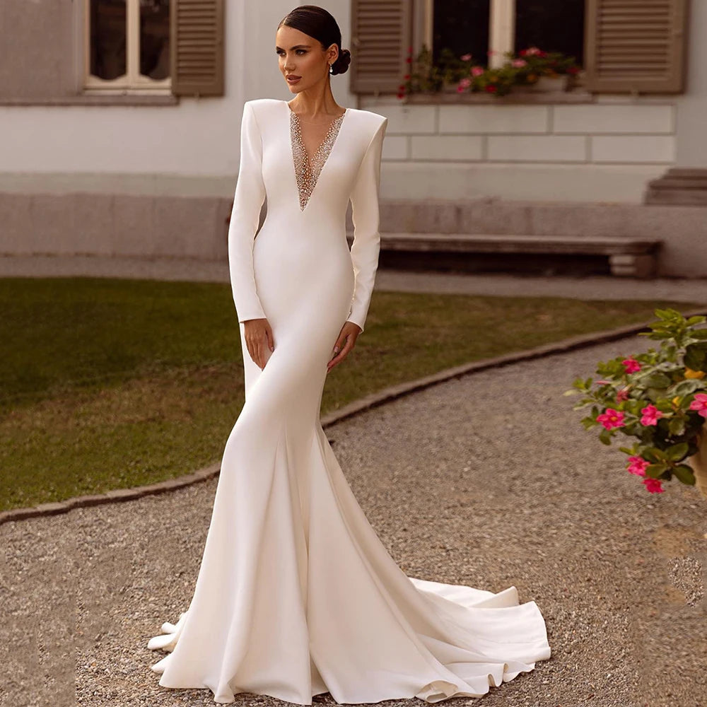 Jiayigong Stretch Jersey Wedding Dresses Customized Long Sleeves Beading Sweep Train Illusion Back Mermaid Bridal Gown