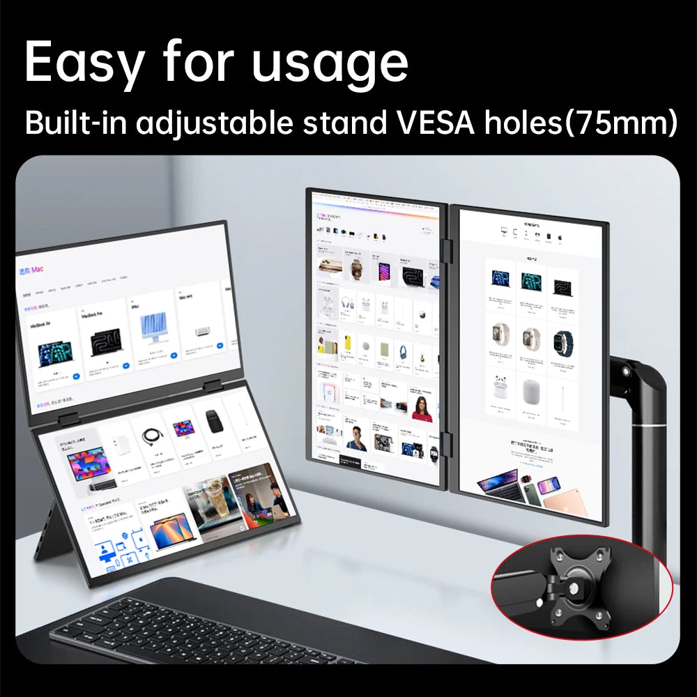 15.6" Folding Portable Monitor Dual Touch Screen 1080p 300nits VESA 75mm Freely Adjust Display Extender for Laptop PC With Bag