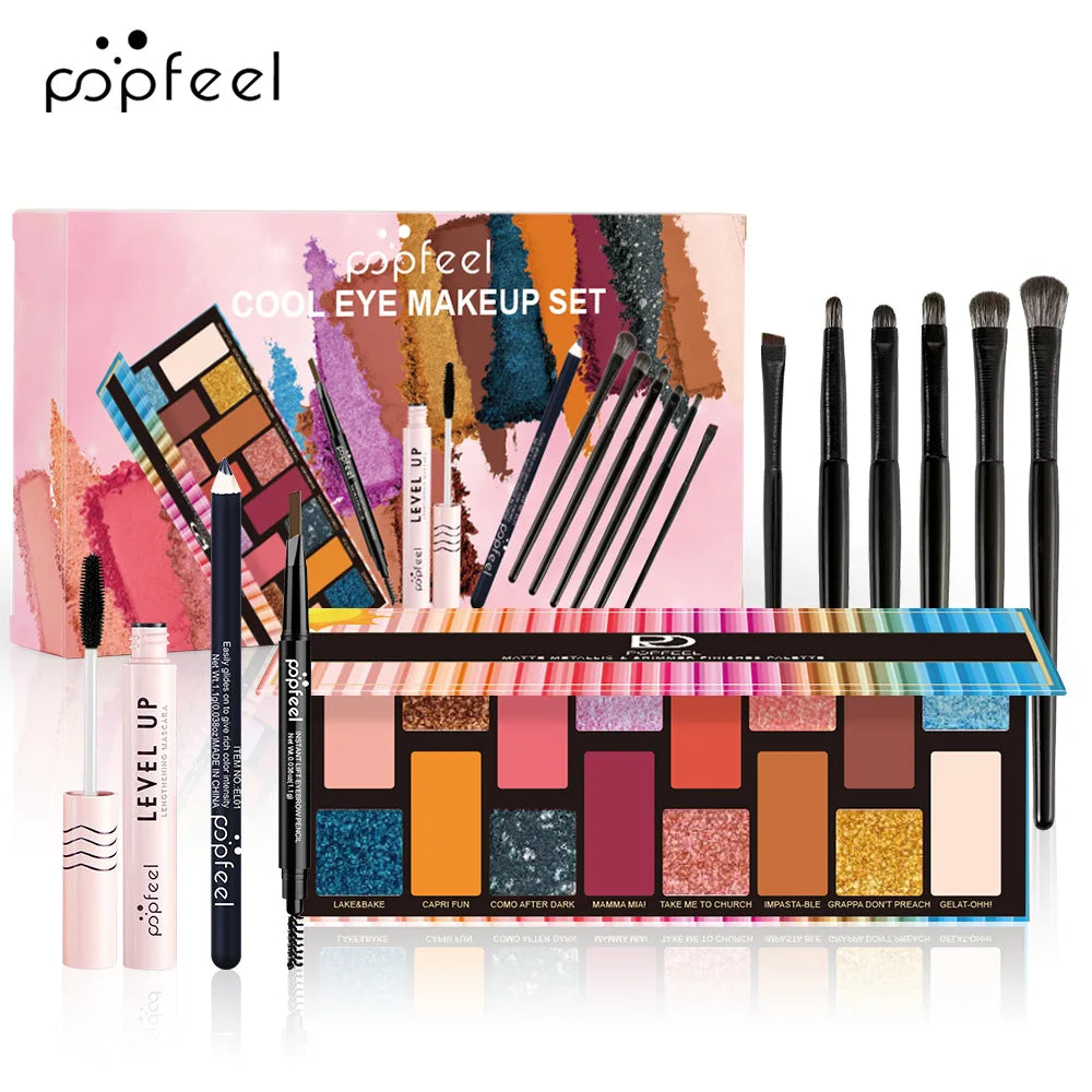 Essential Eye Makeup Set for Beginners Matte&Shimmer Eyeshadow Palette, Mascara, Eyebrow Pencil, Lip Eyeliner,Brush Tool Set Box