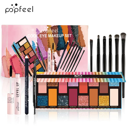 Essential Eye Makeup Set for Beginners Matte&Shimmer Eyeshadow Palette, Mascara, Eyebrow Pencil, Lip Eyeliner,Brush Tool Set Box