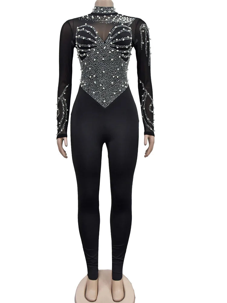 Beyprern Women's Sheer Mesh Crystal Jumpsuits One Piece Outfits Glam Fitted Long Sleeve Pearls Rhinestone Rompers Club Overalls