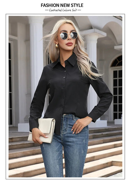 Women Elegant Solid Button Shirt Chiffon Blouse Spring Summer Casual Solid Long Sleeve Turn Down Collar Tunics OL Shirt Tops