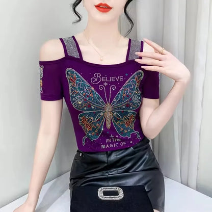 High Quality Elasticity Clothes Fashion T-Shirts Women's Sexy Off Shoulder Shiny Diamonds Mesh Tops Summer Tees Shirt