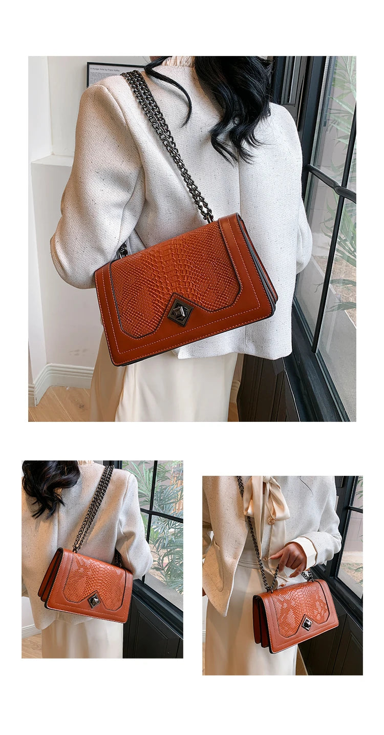 Leather Shoulder Bag Chain Purse for Women - Fashion Crossbody Bags Vintage Snake Print Underarm Bag Square Satchel Handbag