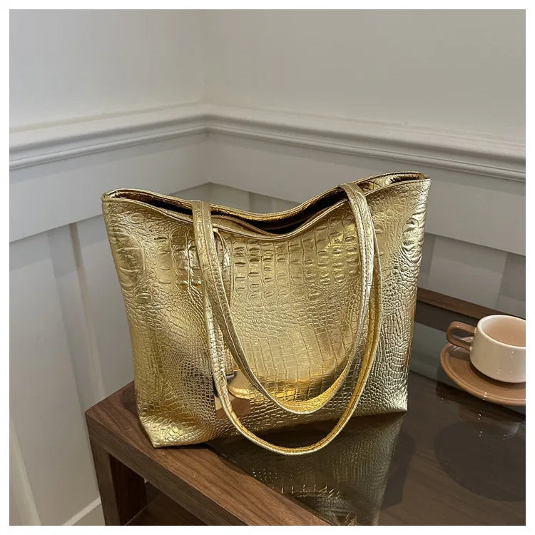 Fashion Casual Women Shoulder Bags Silver Gold Black Crocodile Handbag PU Leather Female Big Tote Bag Ladies Hand Bags Sac
