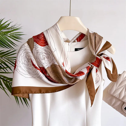 90cm Floral Print Silk Square Scarf Women Luxury Brand Satin Shawls Neckerchief Wrap Scarves Bandana Hair Hjiab Bohemian Style