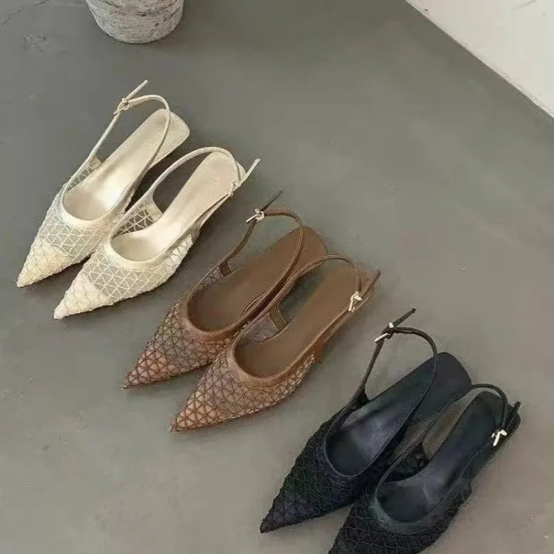 Luxury Brand High Heels Women Sandals Mesh Embroider Elegant Pointed Ladies Slingback Party Wedding Bridal Dress Shoes Woman