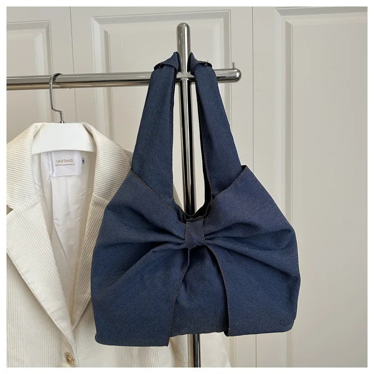 Sweet Bowknot Design Women's Denim Shoulder Bags Commuter Thread Ladies Handbags Casual Lightweight Female Underarm Tote Bag