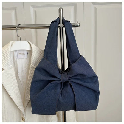 Sweet Bowknot Design Women's Denim Shoulder Bags Commuter Thread Ladies Handbags Casual Lightweight Female Underarm Tote Bag