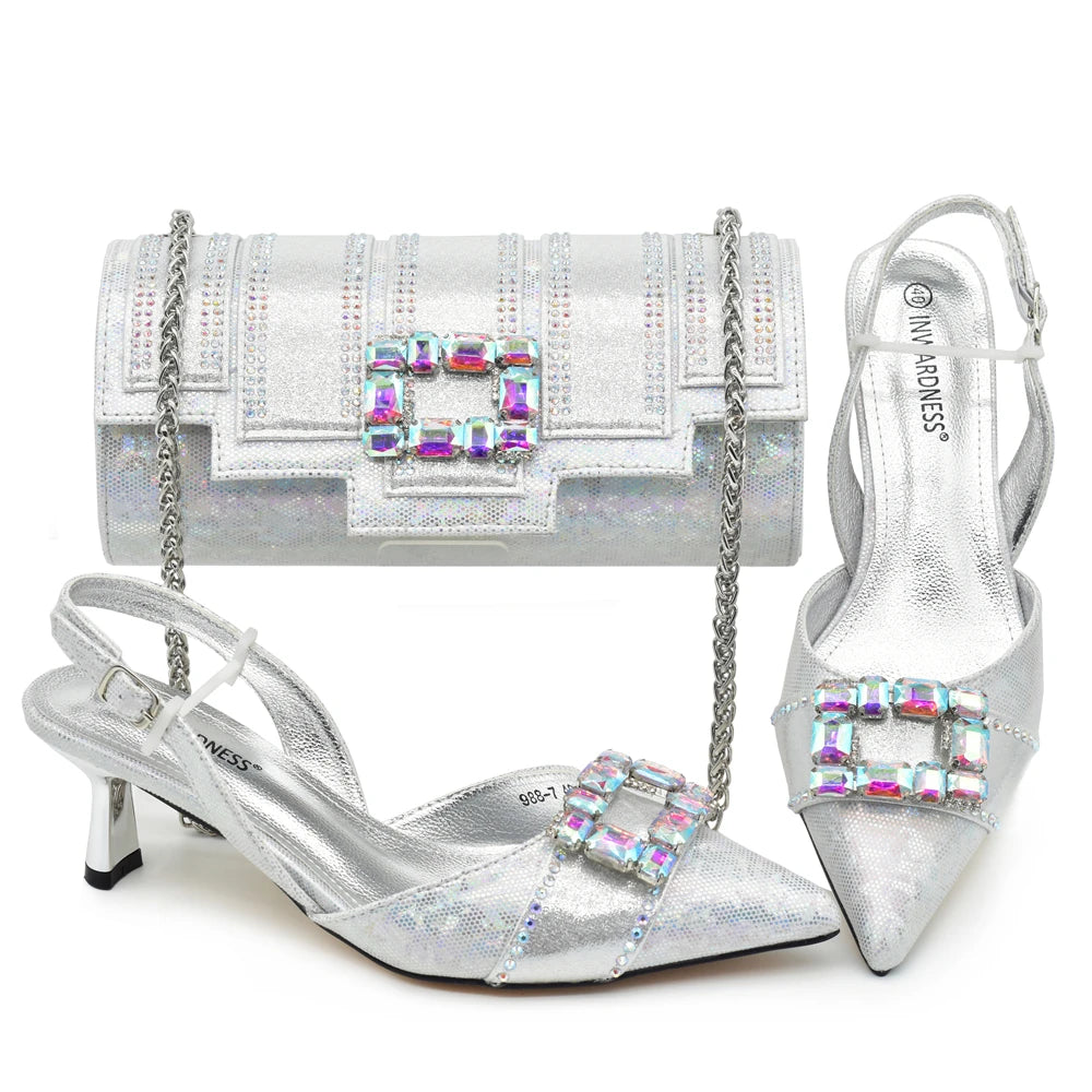 Doershow New Arrival African Wedding Shoes and Bag Set GOLD Color Italian Shoes with Matching Bags Nigerian lady party  SJJ1-1