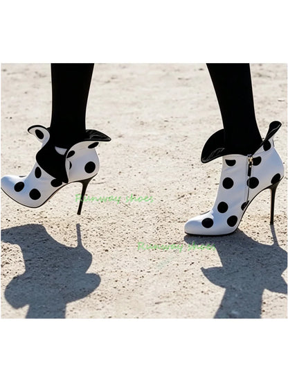 Black And White Polka Dots Ankle Boots Equipped With Large Bow With Ruffles Boot Pointed Tip Stiletto Heels Party Women's Boots
