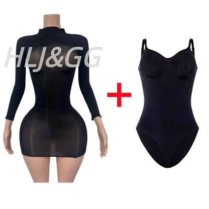 HLJ&GG Sexy Mesh See Through Bodycon Jumpsuits And Bodysuits Suits Women Long Sleeve Stretchy Playsuits Party Night Club Overall