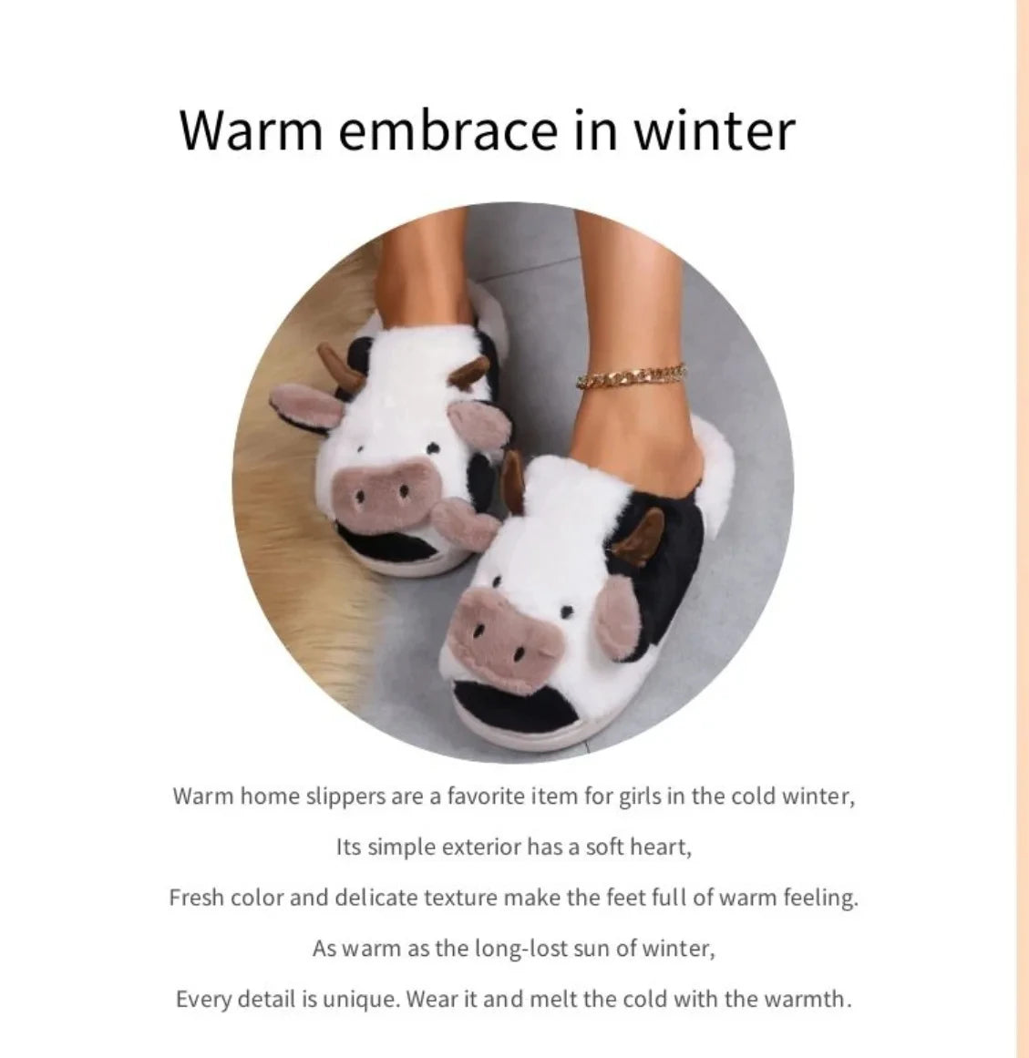 Shevalues Plush Cartoon Milk Cow Slippers Winter Women Slippers Furry Non-Slips Women Cotton Slides Couples Soft Cozy Flat Shoes