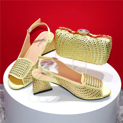 High Heels Shoes for Women Embroidery Rhinestone Italian Design Blue Color Pointed Toe Shoes and Bags Set Fashion