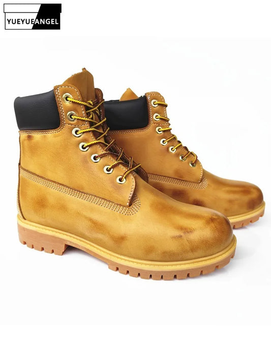 Men Handmade Vintage Cowskin Genuine Leather Ankle Boots Lace Up Spring Autumn Cargo High Top Shoes Mens Motorcycle Short Boots