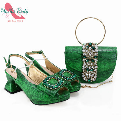 2025 Autumn New Design Specials Italian Women Shoes and Bag Set Pink Color Comfortable Mid Heels With Rhinestone