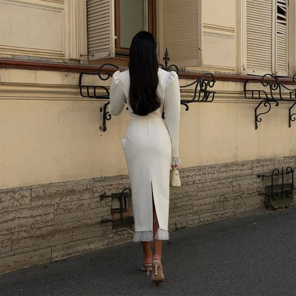 White Women's mesh two piece set Puff Sleeve V Neck blazer two piece dress set Daily Commuter Party  Outfit 2026 Summer Style