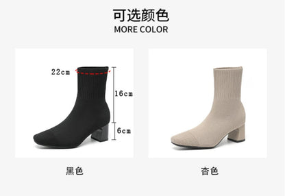 Black Square Toe Knit Sock Boots Elastic Slim Thick Block Heel High Heels Short Boots Fashion Autumn Casual Skinny Ankle Boots