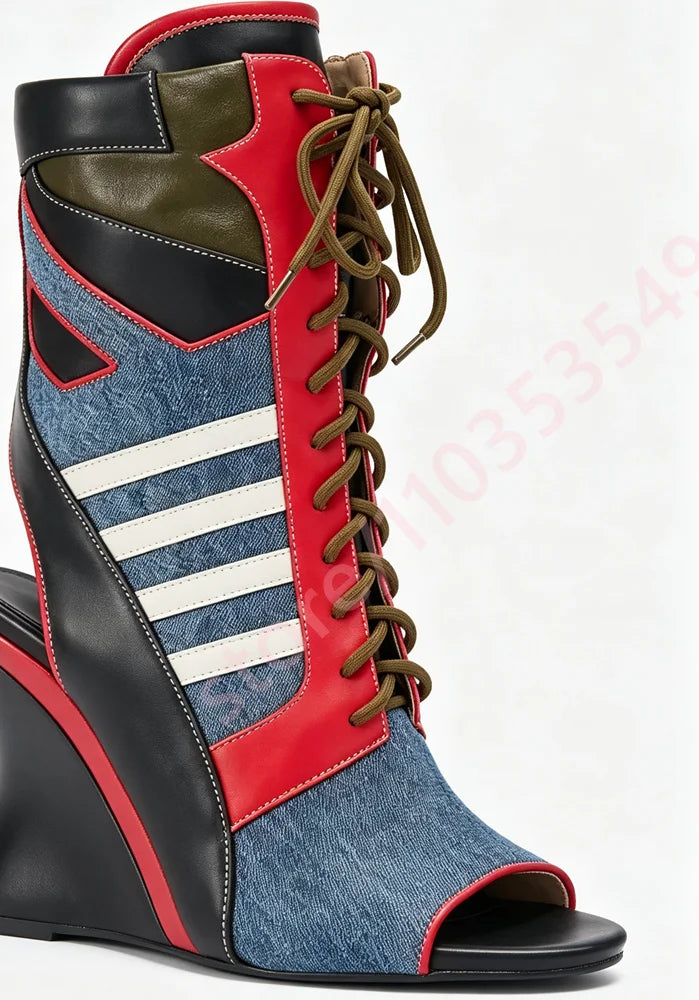 Denim Color Block Open Toe Ankle Boots Women White Stripes Patchwork Front Lace Up Contrast Wedge High Heel Fashion Cutout Boots