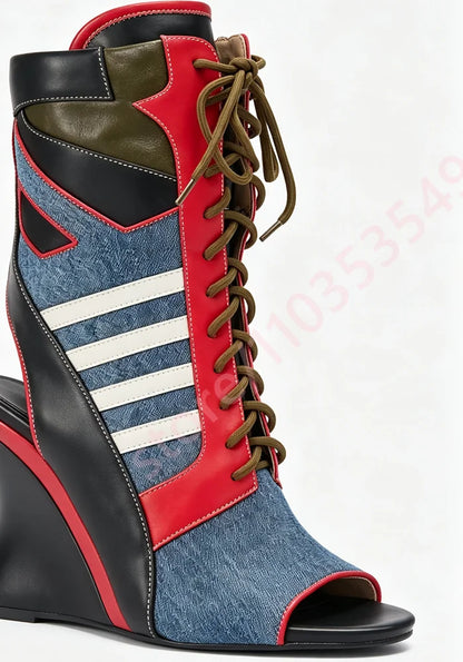 Denim Color Block Open Toe Ankle Boots Women White Stripes Patchwork Front Lace Up Contrast Wedge High Heel Fashion Cutout Boots