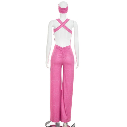 Casual sports faux washed printed headband paired with backless flared jumpsuit