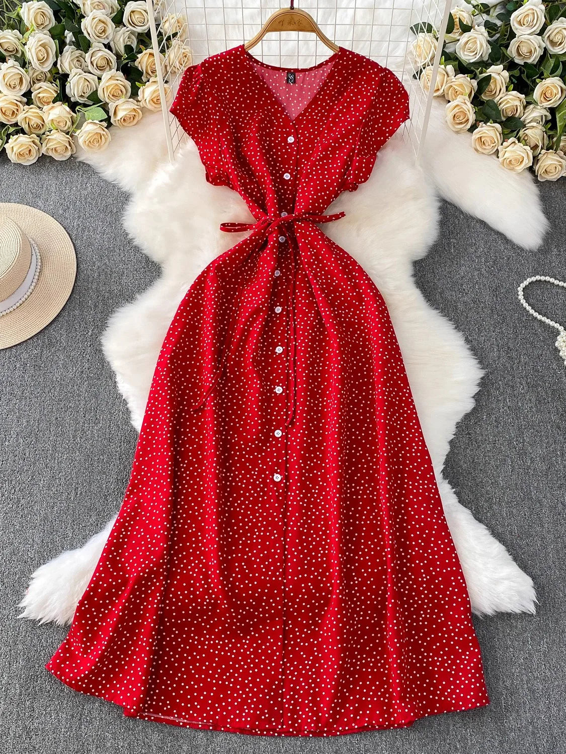 Summer Women Polka Dot Long Dress Vintage V-Neck Flying Sleeve High Waist Single Breasted A-Line Casual Vestidos Female Robe New