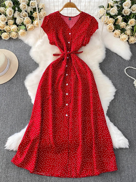 Summer Women Polka Dot Long Dress Vintage V-Neck Flying Sleeve High Waist Single Breasted A-Line Casual Vestidos Female Robe New
