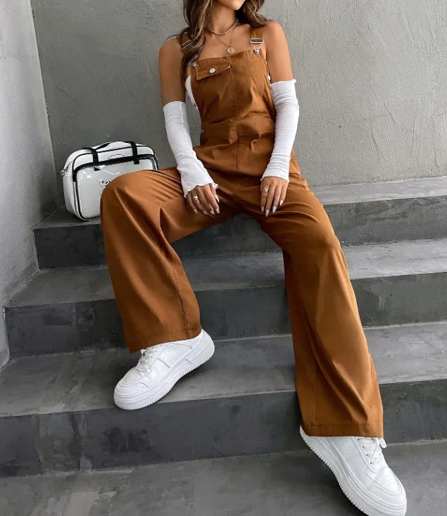 Women's Casual Bib Overalls Adjustable Shoulder Strap Pocket Wide Leg Jumpsuit Loose Straight Women Streetwear Suspender Pants