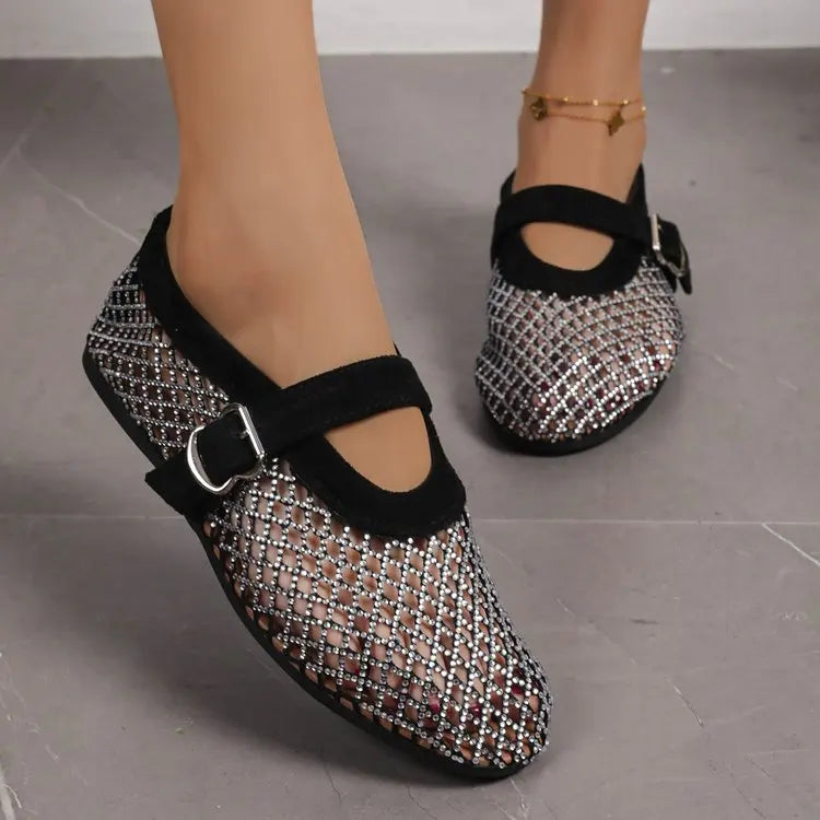 2026 New Model~ Fishnet Rhinestone Ballet Flat Mary Jane Women's Shoes with Hollowed-Out Strap