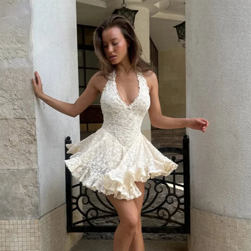 Women's White Floral Lace Halter Cutout Two Piece Skirt Set Trendy Hollow Out Waist Ruffle Mini Skirt Boho Beach Matching Outfit