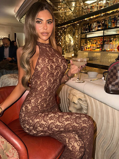 Mozision Lace Backless Sexy Jumpsuit Women Rompers Halter Off-shoulder Sleeveless Skinny Club Party Jumpsuits Female Clothes