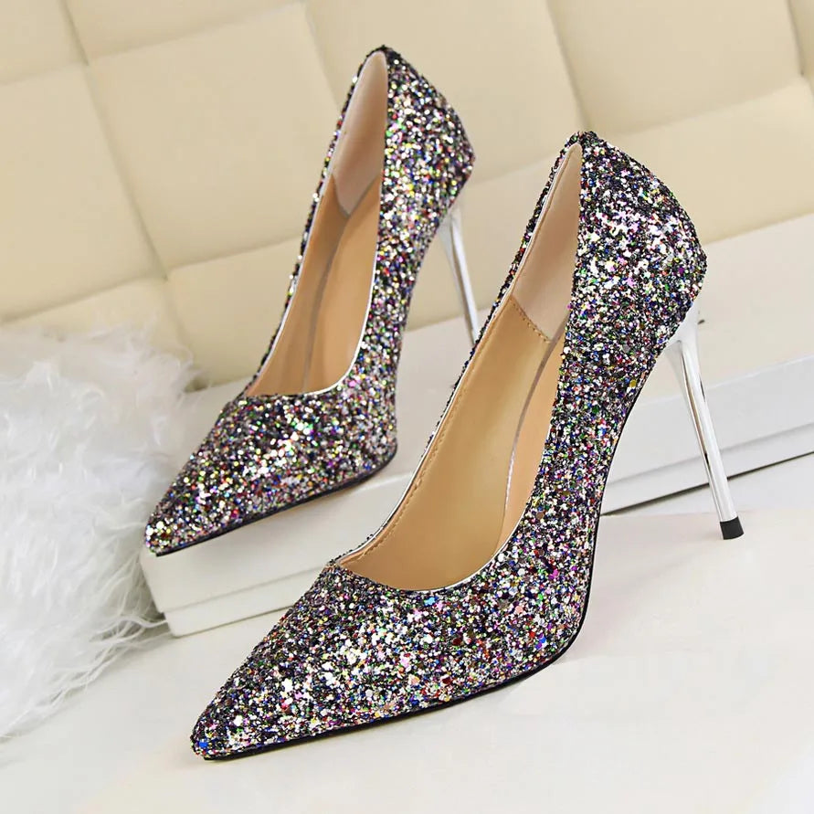 Women 7cm 9.5cm High Heels Pumps Wedding Bridal Scarpins Sparkly Mid Heels Lady Party Sequins Glitter Evening Gold Silver Shoes