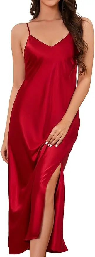High-End Sleeveless Nightgown with High Side Slit Suggestive Long Split Nightwear Home Dress Multi-Color Options